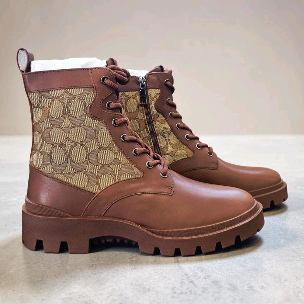 Coach Citysole Signature Lace Up Combat Boots Saddle Khaki CO257 Men's Size 9